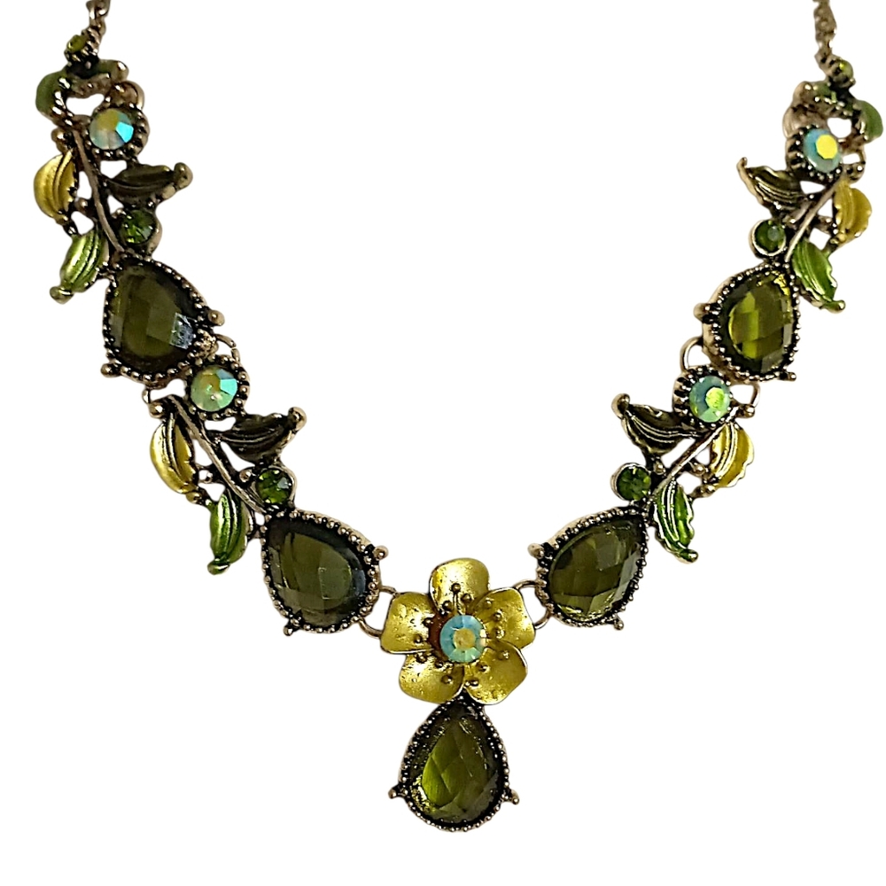 Vintage Rhinestone Floral Leaf Necklace Y Drop Green Gold MCM Fairy‎ Whimsigoth - Picture 16 of 16